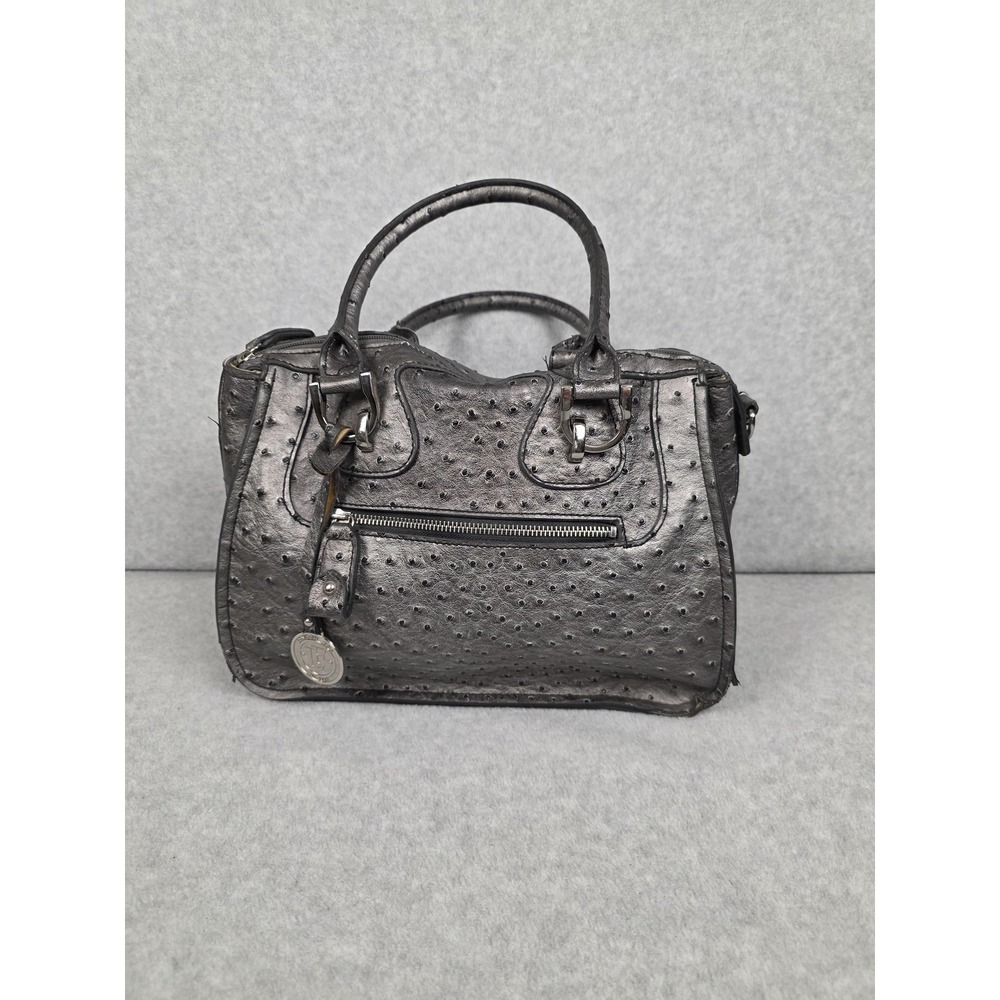 London‎ Fog Bag Womens Small Black Ostrich Embossed Satchel Handbag Purse